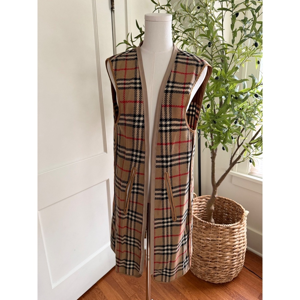 Burberrys Vintage Nova Check Longline Vest Tan Plaid Sleeveless Jacket Liner